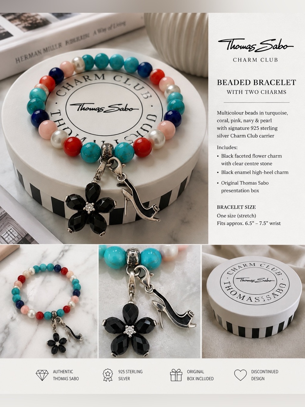 Thomas Sabo Multicolor Beaded Bracelet with Black Flower & High-Heel Charms